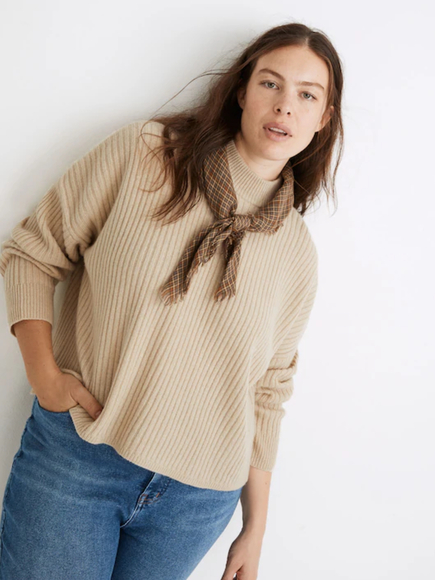 Madewell Recycled Cashmere Ribbed Mockneck Sweater Tan XXS Oversized Cozy - Picture 2 of 16